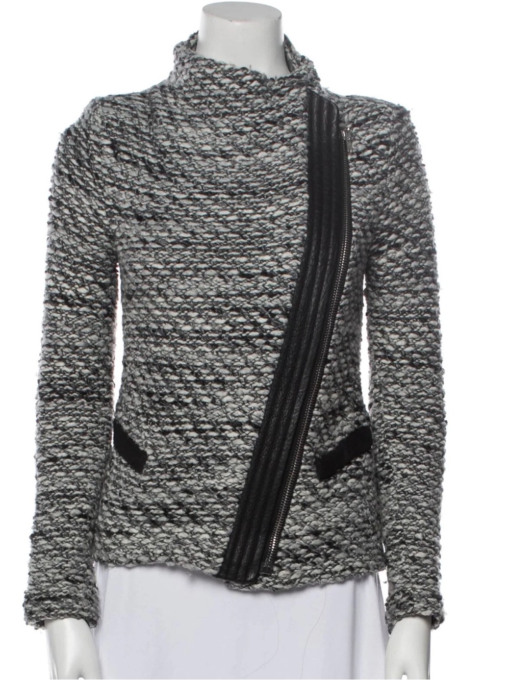 IRO Noaphina Black White Wool Blend Full Zip Leather Trim Pocket Jacket 38